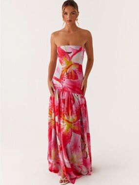 Eden Strapless Maxi Dress - White Pink Lilly
